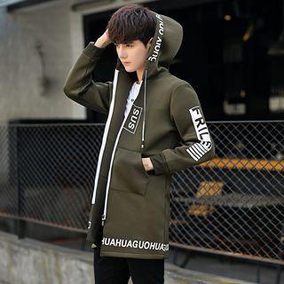 Zipper Contrast Trim Letter Print Long Hooded Jacket