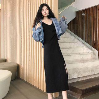 Slit Maxi Spaghetti Strap Dress Black - One Size