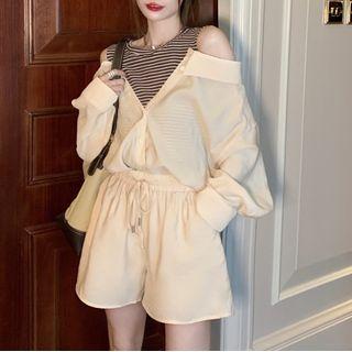 Mock Two-piece Cold-shoulder Striped Top / Shorts