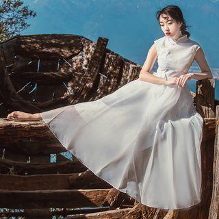 Embroidered Sleeveless Midi Mandarin Collar Dress