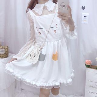 Sleeveless Cat Print Lace Trim A-line Dress
