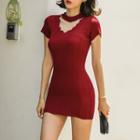 Knitted Short-sleeve Mini Sheath Dress Red - One Size