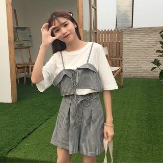 Mock Two-piece Elbow-sleeve T-shirt / Wide Leg Shorts