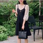 Flower Embroidered 3/4-sleeve Top / Spaghetti-strap V-neck A-line Dress