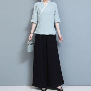 Elbow-sleeve Cheongsam Top / Wide Leg Pants / Set