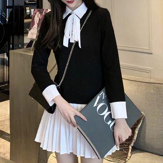 Mock Two-piece Long-sleeve Mini Pleated Dress