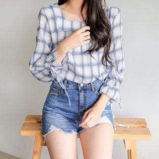 Square-neck Long-sleeve Tie-cuff Plaid Top