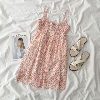 Spaghetti Strap Floral Print A-line Dress Pink - One Size