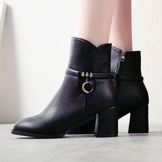 Block Heel Rhinestone Short Boots