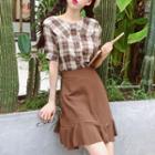 Set: Short-sleeve Plaid Blouse + Frill Hem A-line Skirt Blouse - One Size / Skirt - One Size