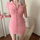 Short-sleeve Buttoned Knit Mini Bodycon Dress Pink - One Size