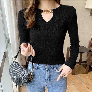 Long-sleeve Chain Accent Glitter Knit Top