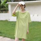 Elbow-sleeve Avocado Print T-shirt Dress Green - One Size