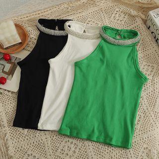 Rhinestone-neckline Plain Halter Top