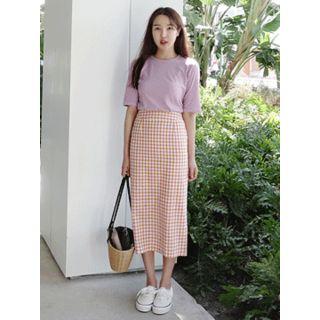 Slit-back Gingham Midi Skirt