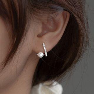 Bar Rhinestone Faux Pearl Sterling Silver Earring