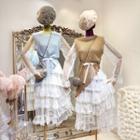 Set: Long-sleeve Tiered Midi Lace Dress + Diagonal Hem Knit Vest