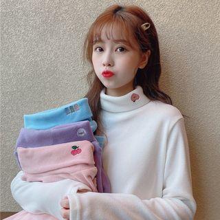 Cartoon Embroidered Fleece Mock Turtleneck T-shirt