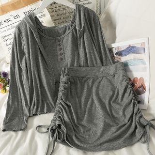 Set: Dual-strap Camisole Top + Hooded Light Jacket + Drawstring-side Mini Skirt