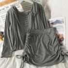 Set: Dual-strap Camisole Top + Hooded Light Jacket + Drawstring-side Mini Skirt