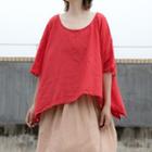 Elbow-sleeve Asymmetrical Blouse Red - One Size
