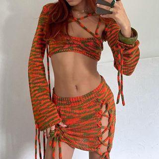 Set: Printed Cropped Sweater + Knit Cropped Camisole Top + Mini Pencil Skirt