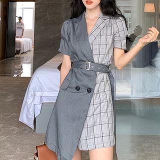 Short-sleeve Paneled Double Breasted Asymmetric Mini Dress