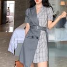 Short-sleeve Paneled Double Breasted Asymmetric Mini Dress