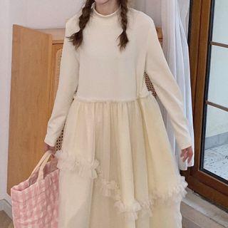 Long-sleeve Ruffled A-line Mesh Dress