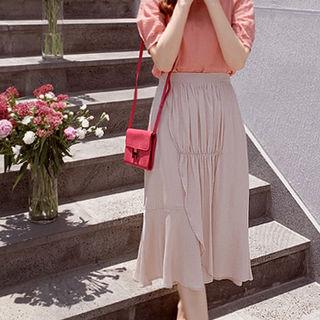 Band-waist Shirred-trim Long Skirt