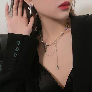 Rhinestone Star Necklace / Star Drop Earring / Set