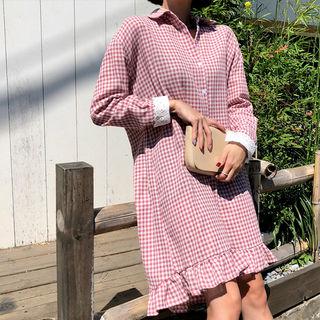 Lace-cuff Frill-hem Gingham Midi Shirtdress