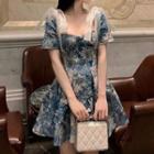 Short-sleeve Tie-shoulder Floral Print Mini A-line Dress