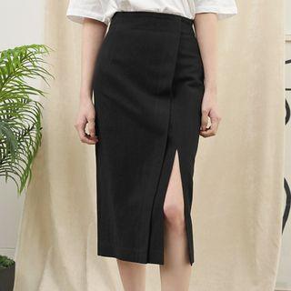 Wrap-front Deep-slit Long Skirt