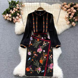 Stand-collar Embroidered Mesh Asymmetrical Long-sleeve Dress