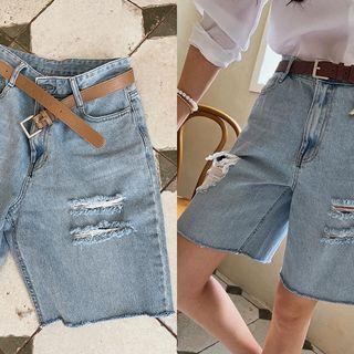 Distressed Denim Straight-leg Shorts