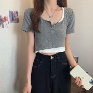 Short-sleeve Mock Two-piece Copped T-shirt