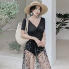 Set: Short-sleeve Knotted Swimsuit + Patterned Mesh Cover-up Midi Skirt