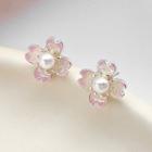 Sakura Faux Pearl Alloy Earring 1 Pair - Stud Earring - S925 Silver Needle - Pink - One Size