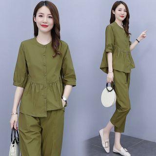 Set: Elbow-sleeve Irregular Blouse + Straight Leg Pants