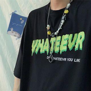 Elbow-sleeve Lettering Print T-shirt Black - One Size