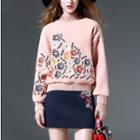 Set: Floral Embroidered High Neck Pullover + Mini Skirt