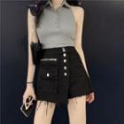 Sleeveless Polo Shirt / Distressed Mini A-line Denim Skirt