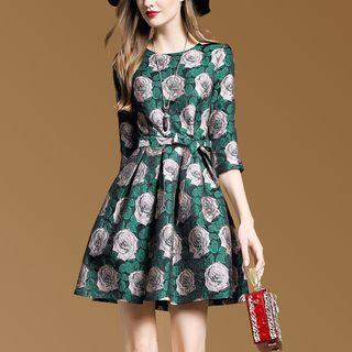 Rose Jacquard Tie-waist 3/4-sleeve A-line Dress