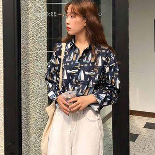 Illustration Pattern Shirt Navy Blue - One Size