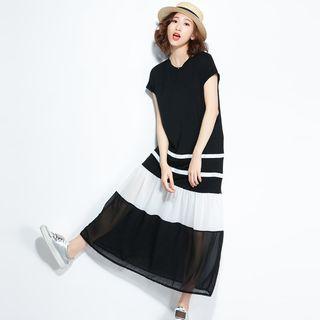 Short-sleeve Color Block Midi Dress Black - One Size