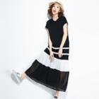 Short-sleeve Color Block Midi Dress Black - One Size