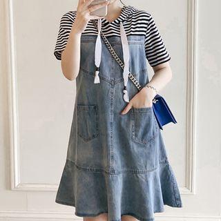 Mock Two-piece Short-sleeve Hooded Mini Denim Dress