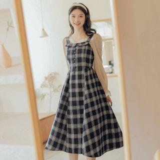 Set: Bell-sleeve Blouse + Plaid Midi A-line Overall Dress