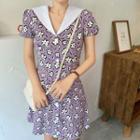 Flower Print Sailor-collar Midi Dress Purple - One Size